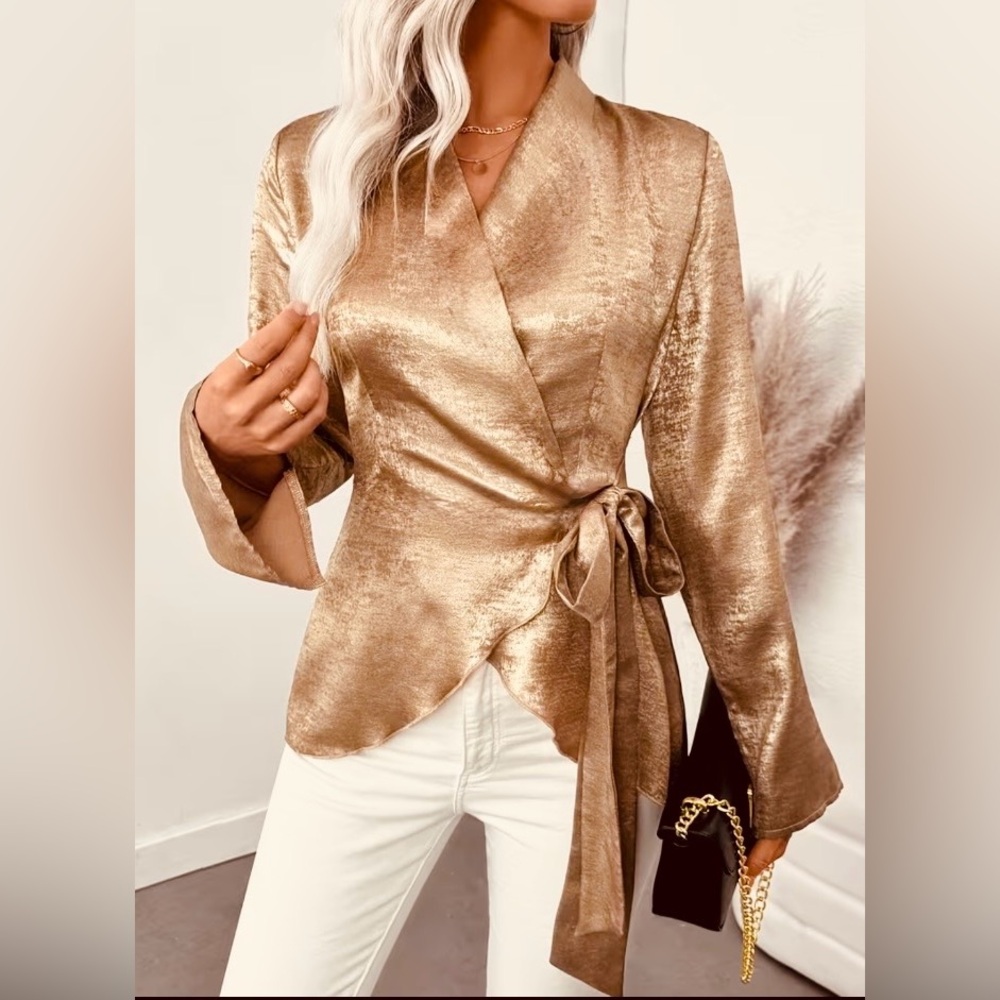 ✨Elegant Rachel-Zoe Gold Blouse/Asymmetrical Tie Front, Glam Look (XL)🌹